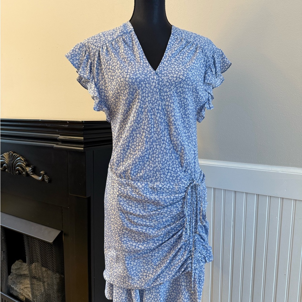Veronica Beard Blue and White Midi Dress Asymmetrical Ruched Tie Front